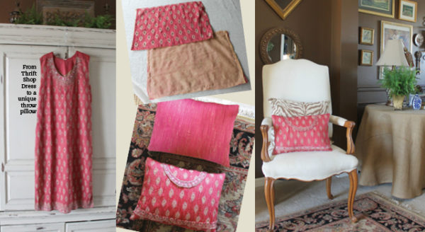 DIY throw pillow created from a thrift shop dress