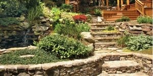 Beautiful landscape with water feature and pergola