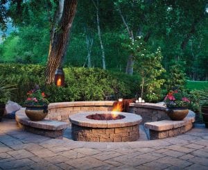 Patio, firepit and wall design with Belgard concrete pavers