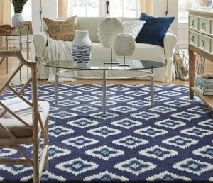 Blue chic accent rug in stylish living room