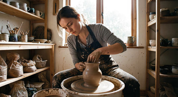 A female shaping a wet clay vase on a spinning pottery wheel.