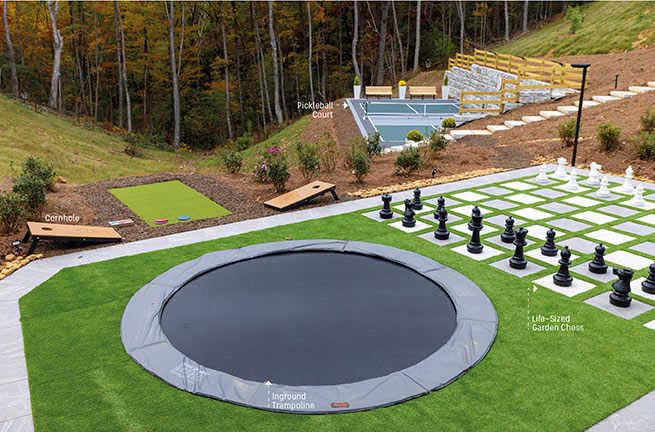 The Perch's active zone with pickleball court, life-sized garden chess and in ground trampoline.