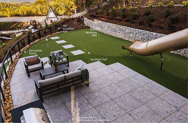 The Perch's entertainment area with synthetic turf and porcelain pavers