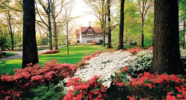 Promo for the 2026 Historic Druid Hills Home & Garden Tour in Atlanta featuring a lush garden of white and red flowers.