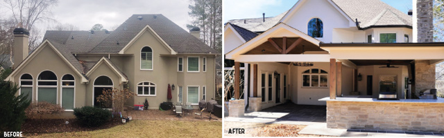 Before and after home addition - covered patio and outdoor kitchen