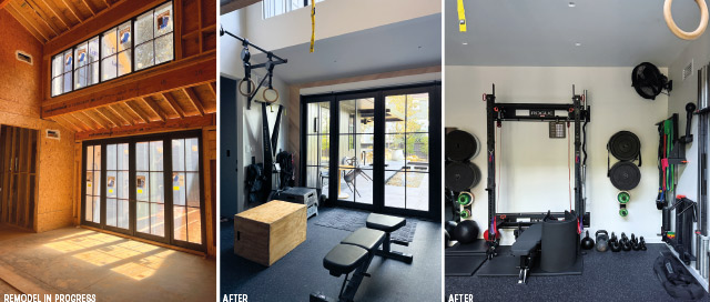 Home gym with gymnastic rings, cardio machines and more