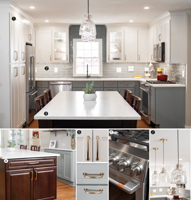 Renovated kitchen showing cabinets, hardware, island and light fixtures